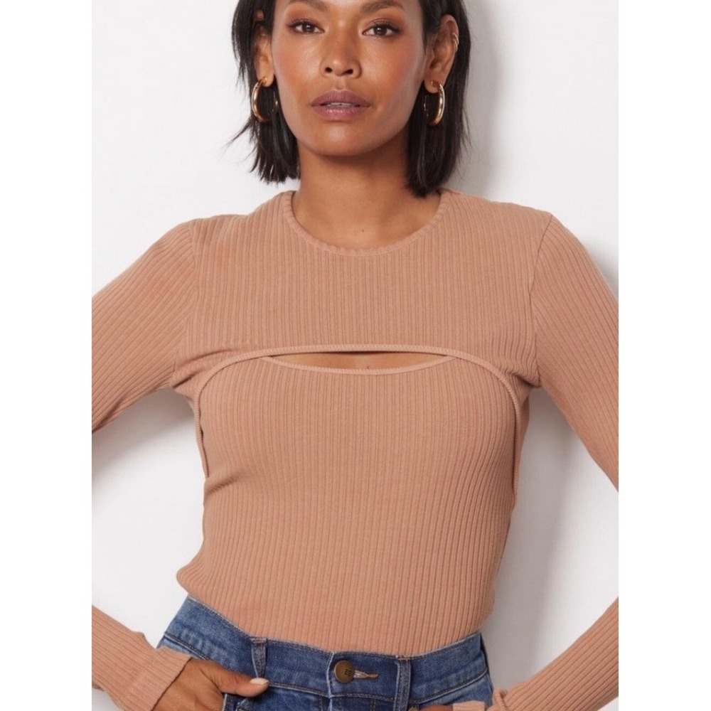 Agolde Lyza Cut Out‎ Rib Top Tan Organic Cotton Long Sleeve Size Medium